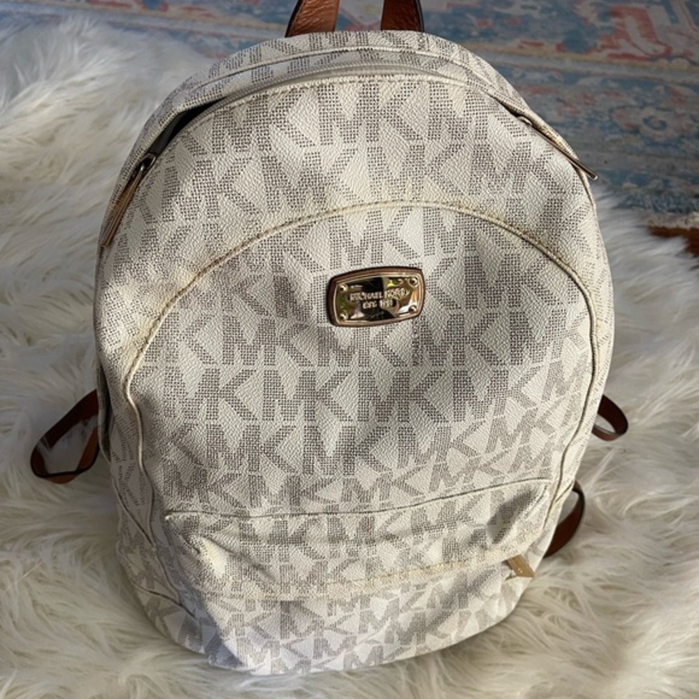 Michael Kors Beige Monogram jet set‎ signature backpack vanilla large leather - Picture 4 of 16